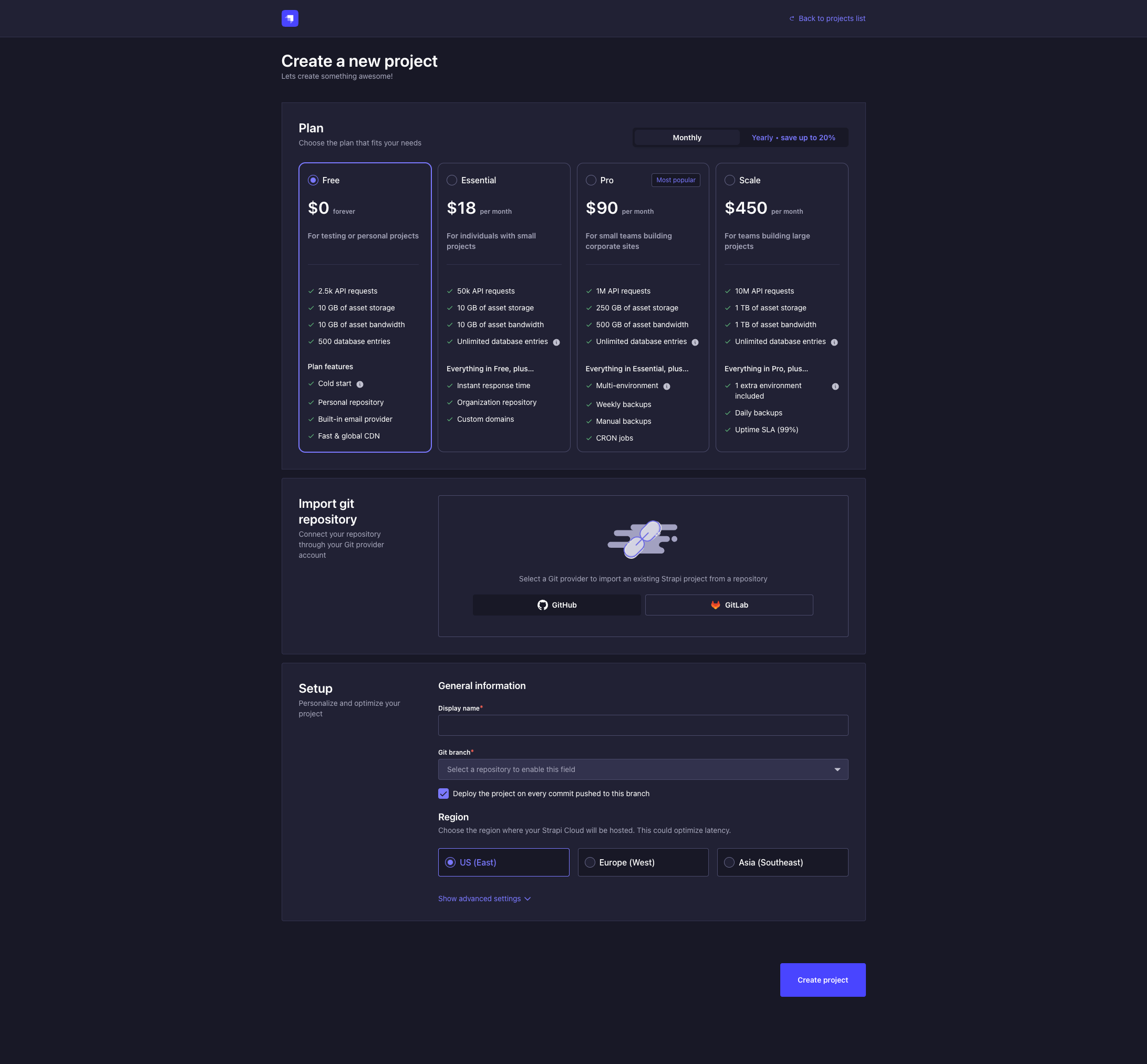 Strapi Cloud project creation, step 1